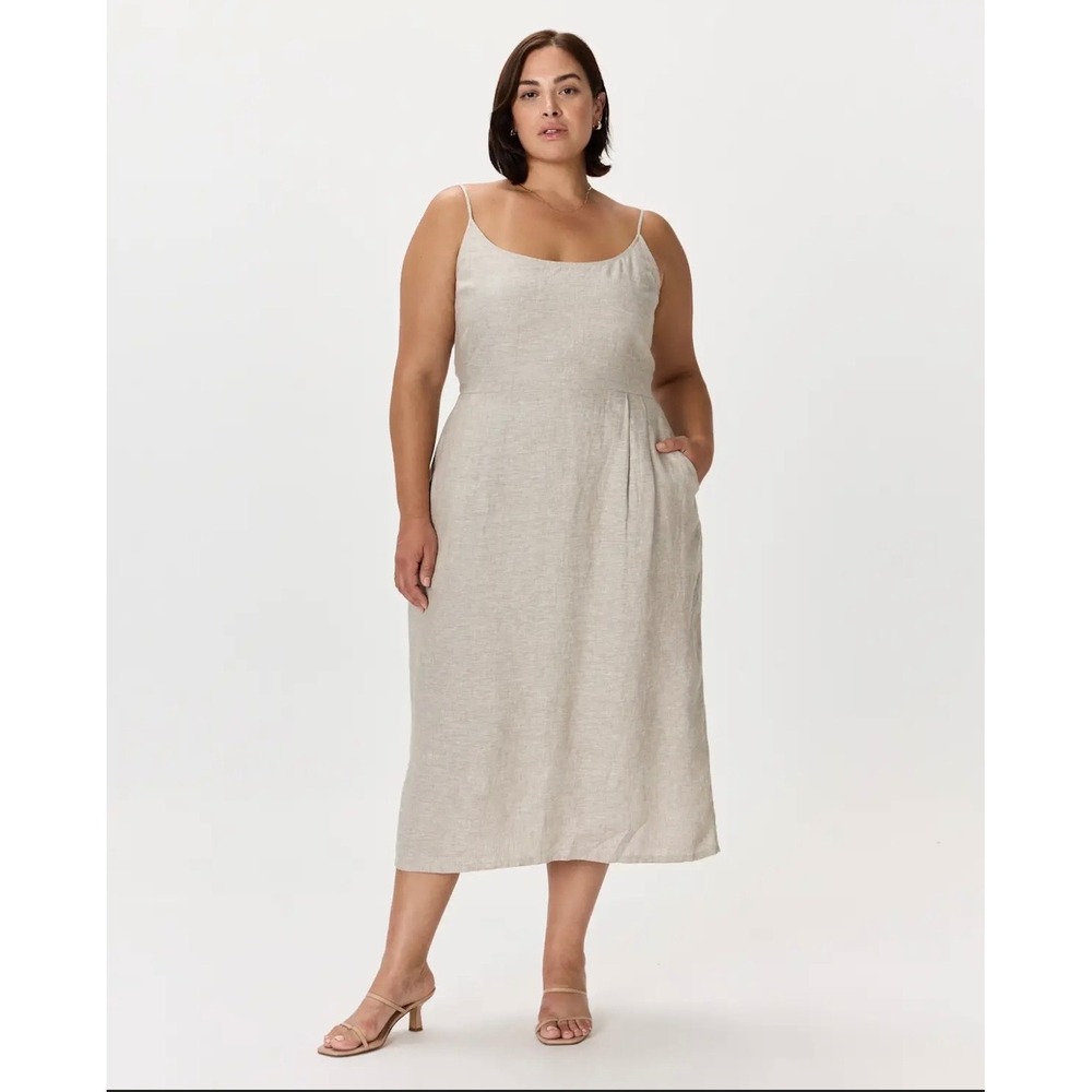 Quince NWT 100% Linen Midi Dress 3X Flax Scoop Neck Smocked Pockets
